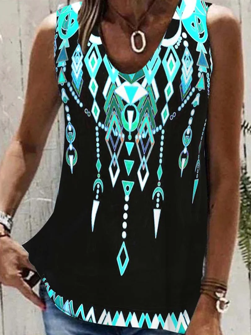 Plus Size Women Sleeveless V-neck Graphic Printed Ethnic Top