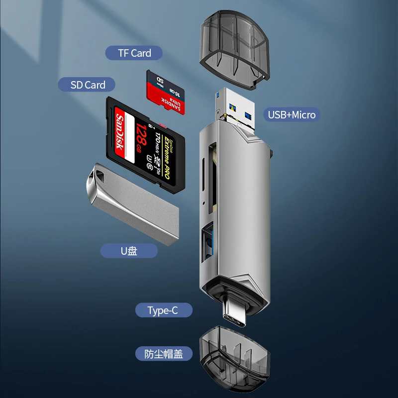 6 in 1 Card Reader with 5Gbps High-speed Transmission for PC Laptop Phone suport USB.30/Type C to read Memory Card SD/TF card