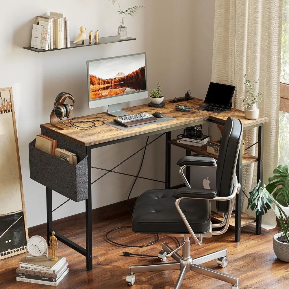 Escritorio de estudio y juegos en forma de L de 40 pulgadas con tomas de corriente, estantes reversibles para espacio de trabajo de escritorio esquinero