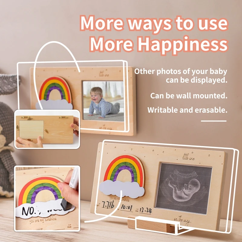 Baby Wooden Baby Announcement Sonogram Keepsake Pictures Frame Ultrasound Memorial Photo Frame Rainbow For DIY Newborm Gift