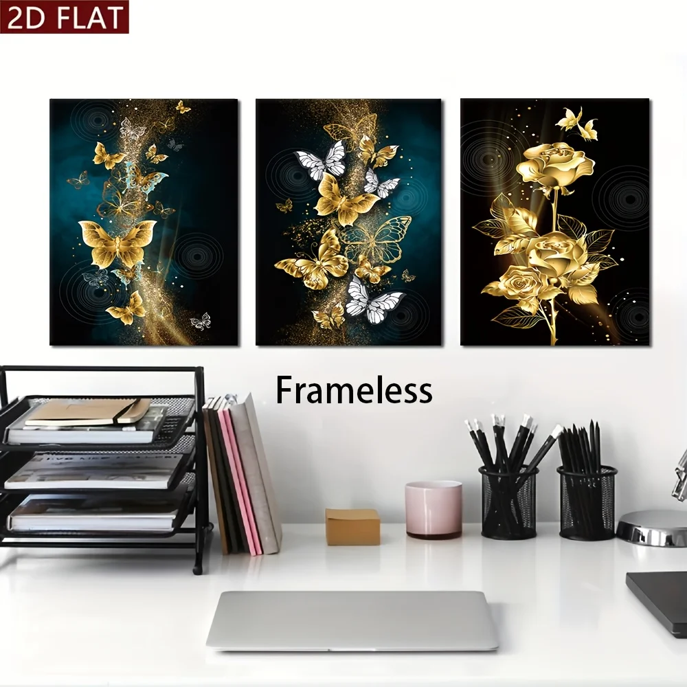 （NO Frame 3PCS）-2D Flat, 3pcs Deluxe Floral & Butterfly Canvas Art Set Modern, Vibrant Wall Decor for Living Room, Bedroom, o