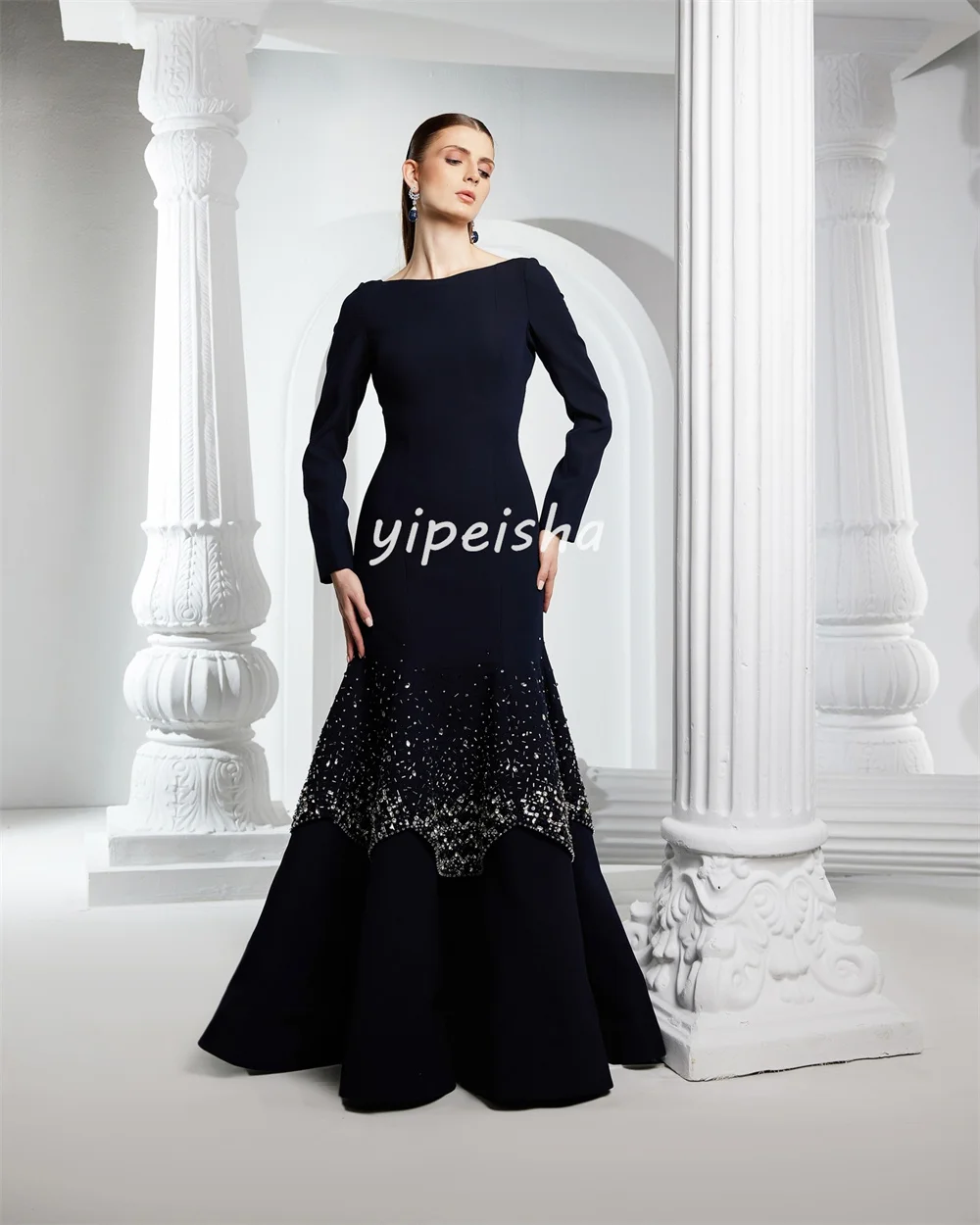 تخصيص البريق جيرسي حجر الراين مطرزة ألف خط مغرفة الرقبة فساتين طويلة فساتين مناسبة مخصصة جودة عالية كلاسيكية