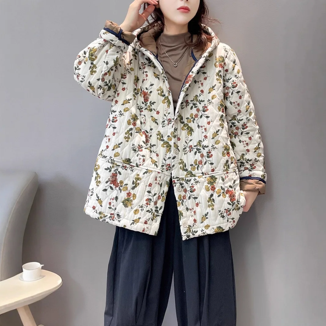 

Flower Cotton Jacket 2025 New Style Retro Chinese Style Loose Hooded Casual Warmth Cotton Coat