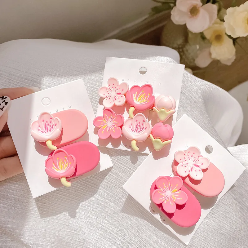 1/2pcs Cute Pink Flower Hair Clip Elastic Peach Blossom Hair Rope Sweet Women Girls Makeup Bangs Hairpin Ponytail Bun Hairbands