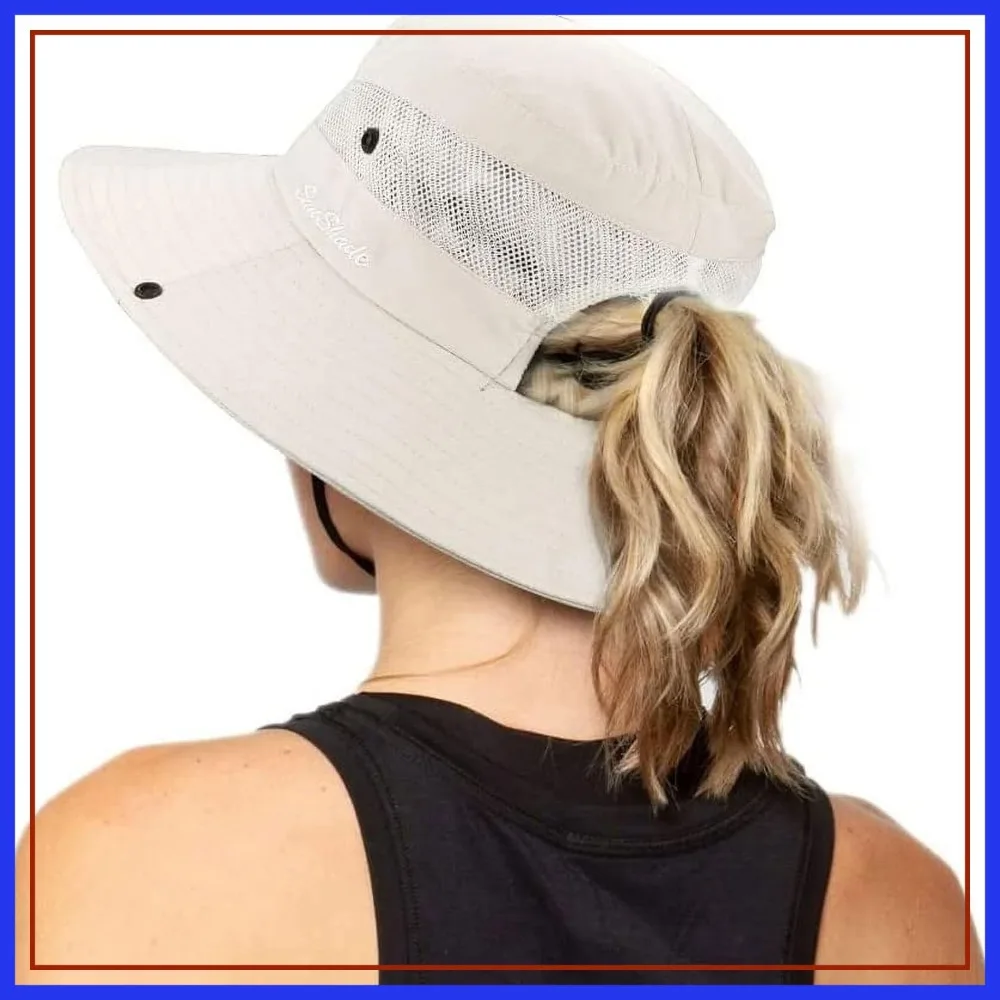

Women's UV Protection Foldable Sun Hat Mesh Wide Brim Beach Fishing Hat with Ponytail Hole