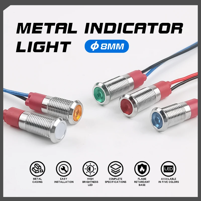 

Metal indicator light 8mm LED with wire power signal light waterproof indicator light 6V/24V/220V red, green, yellow, blue, whit