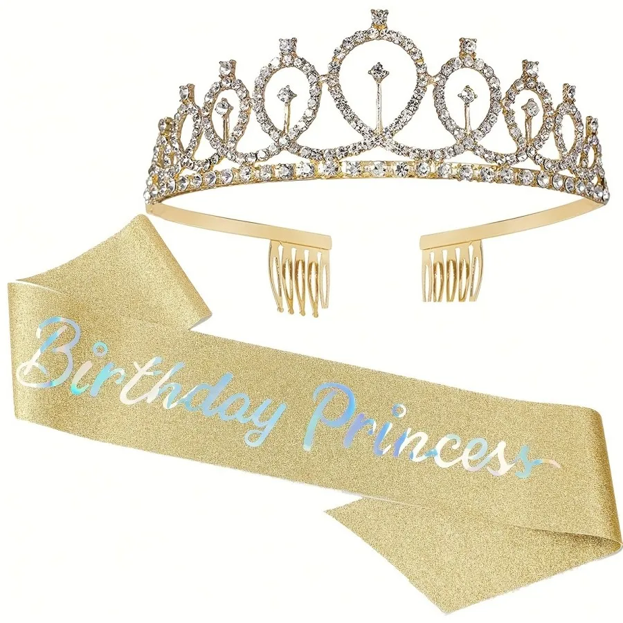 Geburtstags-Tiara Krone Geburtstags-Prinzessinnen-Schärpe Frauen Mädchen Party-Dekoration Geschenke Geeignet für Jedes Alter Geburtstagsdekoration – Detail 1