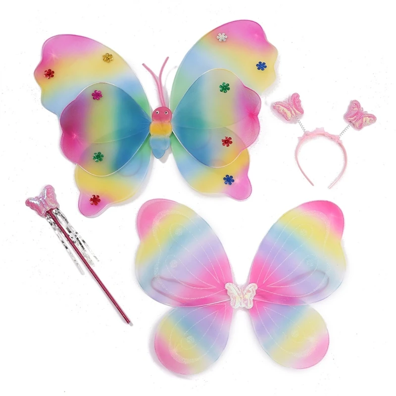 

Girls RolePlay Butterflies Costumes Princess Fairy Wings Magic Wand Headband 3Pcs Halloween Cosplay-Party Props