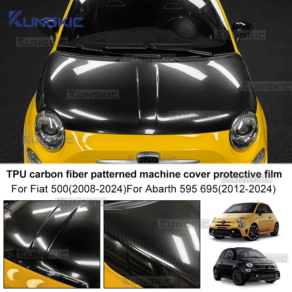 For Abarth 595 695 2012-2024 For Fiat 500 2008-2024 LHD RHD Car Front Bonnet Engine Hood Carbon Fiber Pattern TPU PPF Wrap Film