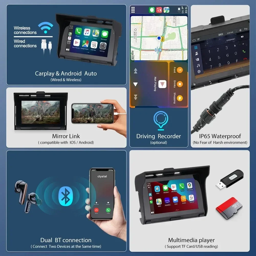 Gearelec Motorcycle Wireless CarPlay Android Auto Portable GPS Navigation Waterproof Carplay Display  IP65