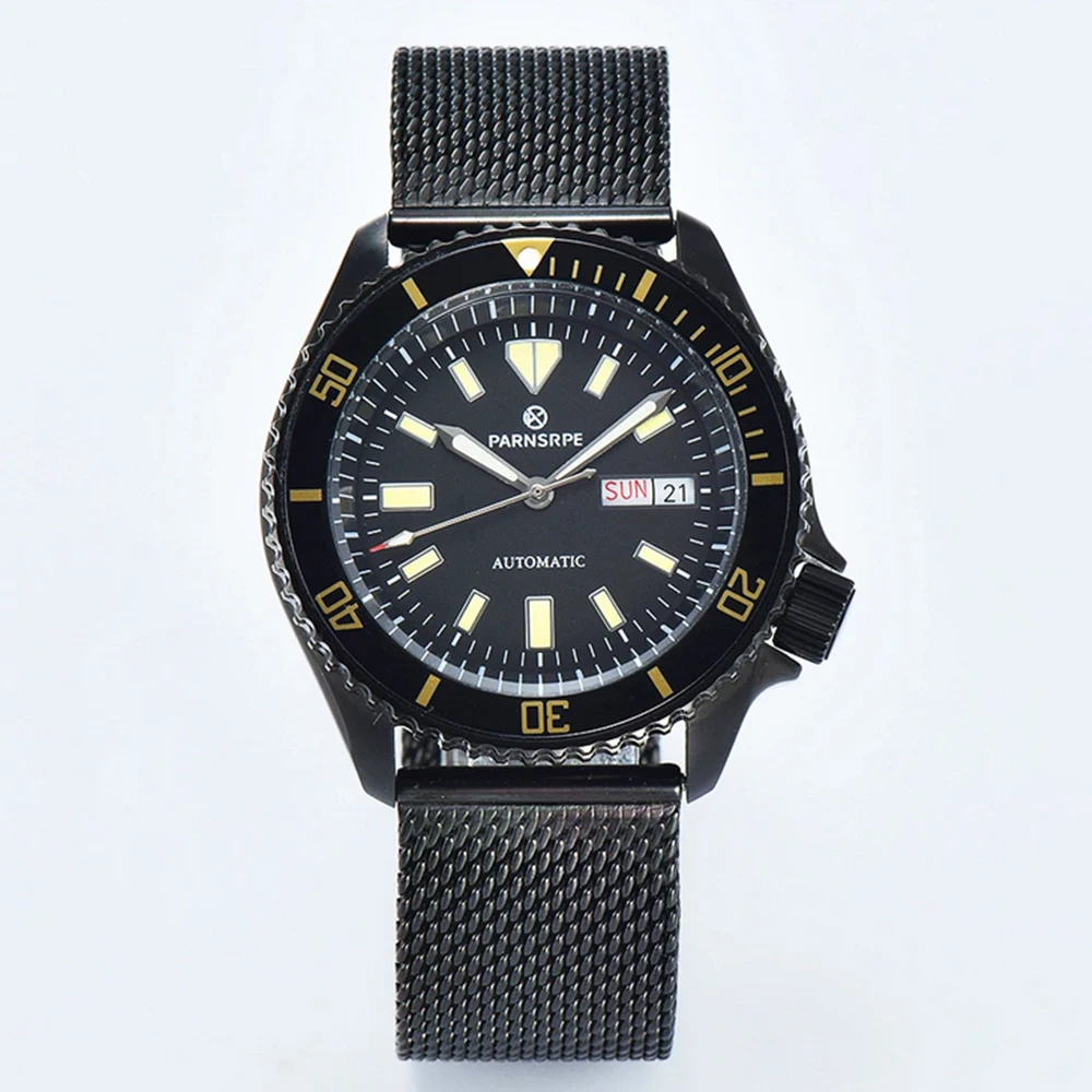 

PARNSRPE 42 мм 007 NH36 Мужские спортивные часы для дайвинга автоматические механические черные PVD водонепроницаемые из нержавеющей стали