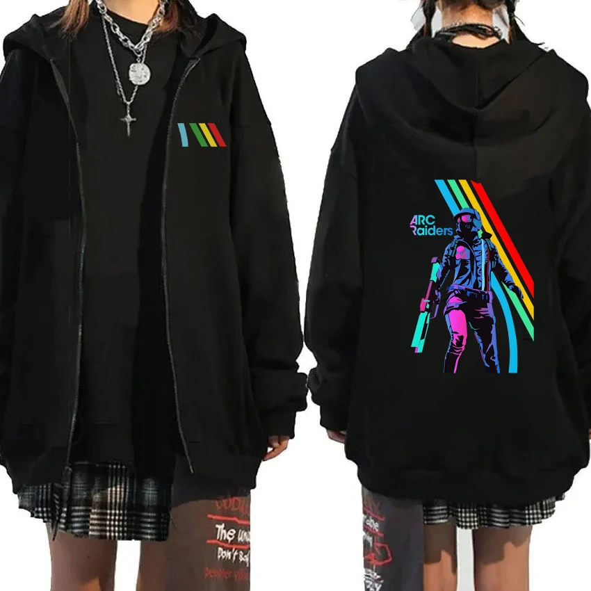 

2026 New ARC Raiders Gaming Stripes Double Sided Graphics Zipper Hoodies Men women harajuku fashion Coat Unisex Fleece jacket