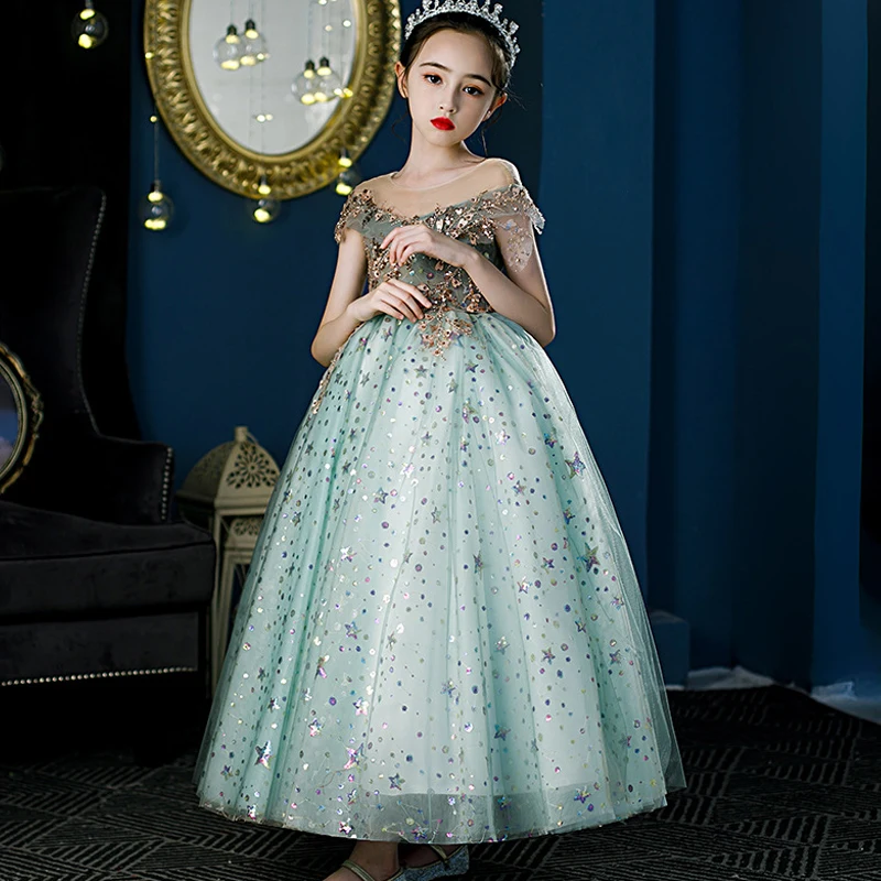 Child Girls Evening Dresses for Wedding Party Formal Prom Long Dress Cute Fluffy Tulle Star Ball Gown Kids Ceremony Guest Frock