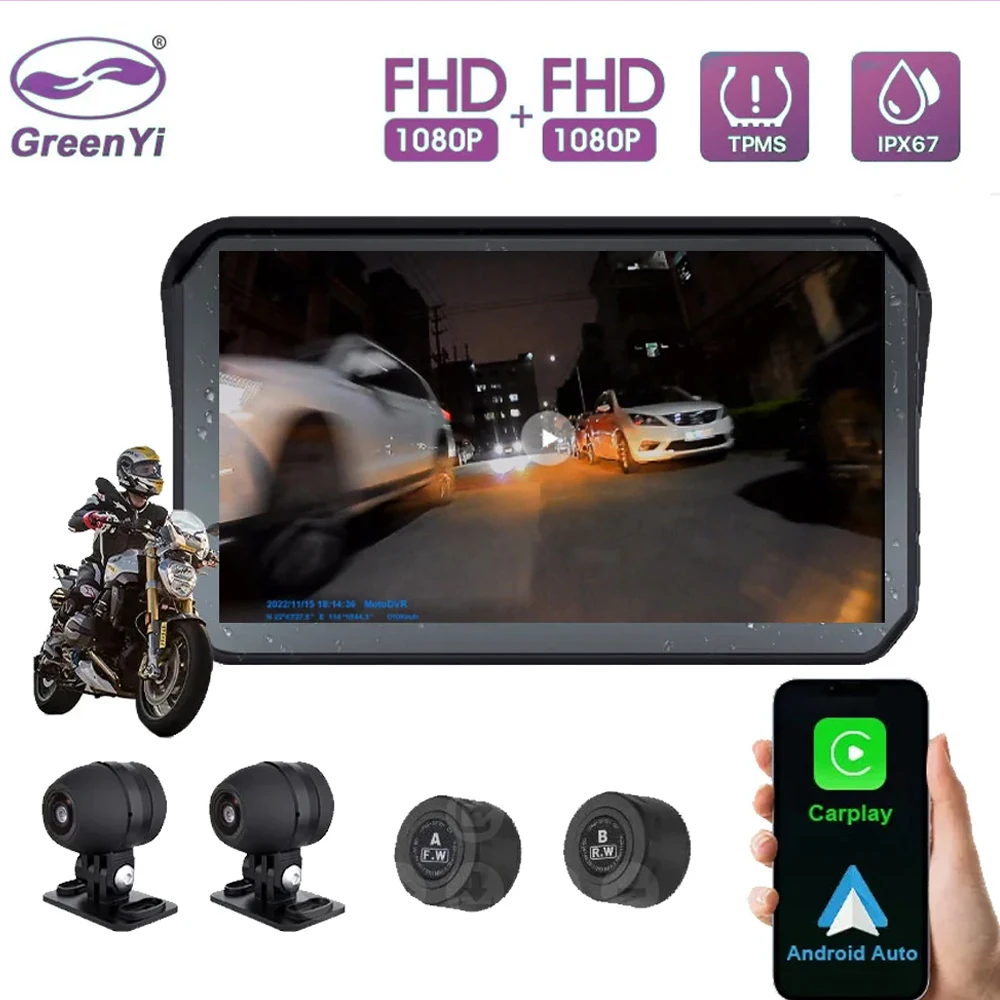 

For GreenYi Motorcycle Carplay Waterproof 1080P 5 inch WiFi Wireless Android-Auto DVR Monitor Dash Cam GPS Navigation TPMS