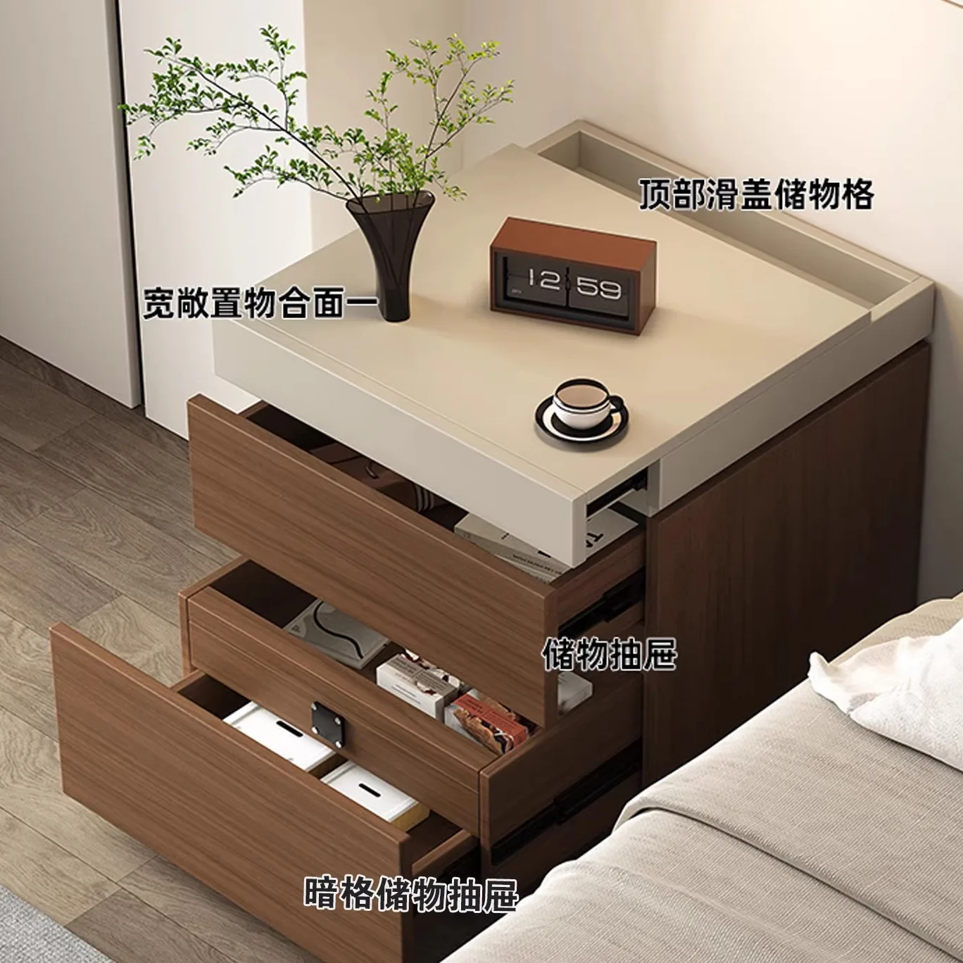 Hidden bedside table Italian minimalist locker multi-functional with hidden drawers bedside