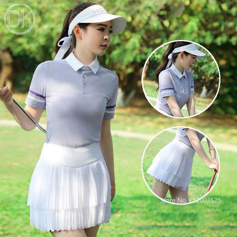 DK College Style Golf Wear Women Short-sleeved Polos Top Striped Lapel Anti-sweat Shirt White Mesh Short Skirt Lace Tutu Skort