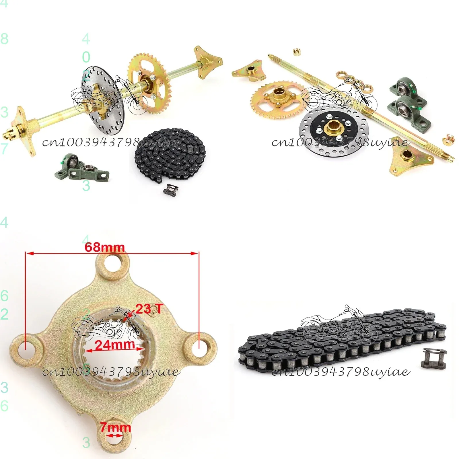 610mm ATV Go Karts Rear Axle Kit STD 20mm Complete Assembly Carrier Hub Brake Disc Chain Sprocket 420-37T 140L Chain
