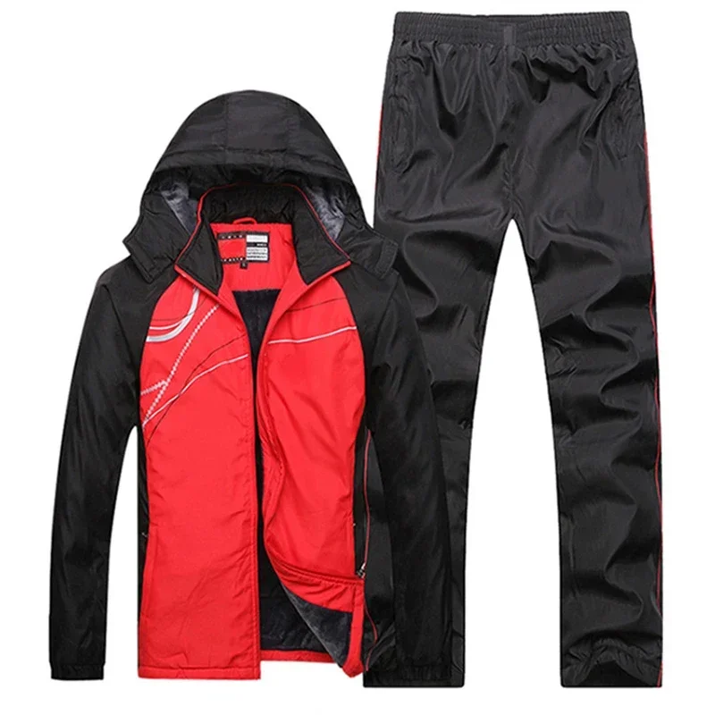 Winter Tracksuit Men thicken fleece Jacket+Pants Two Piece Brand Clothing Set Fur Hooded Sportswear Sweatpants Track Suit Men