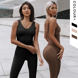 V-neck One-piece Yoga Sets Women Sleeveless Gym Clothing Sports Suit With Padded Back Strap Cross Dance Rompers Fitness Jumpsuit