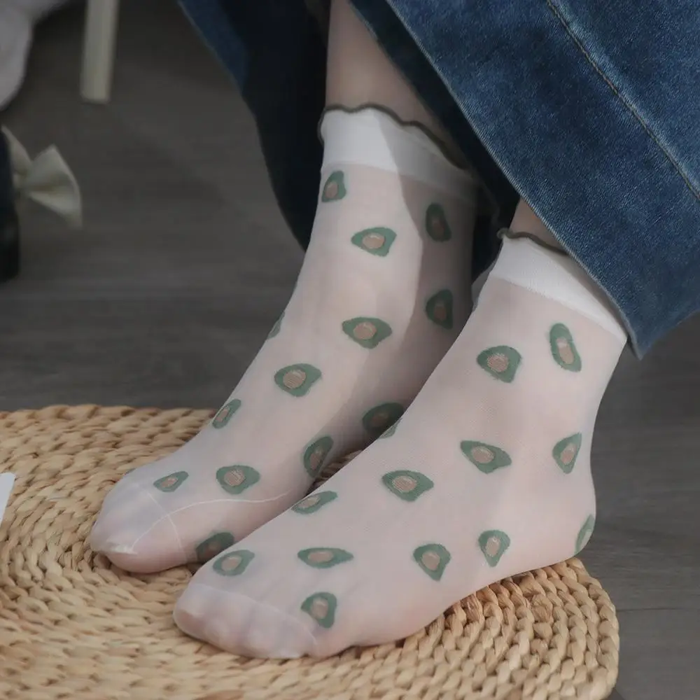 Peach Strawberry Glass Silk Ruffle Socks Avocado Ultra Thin Transparent Flower Ruffle Socks Hosiery Korean