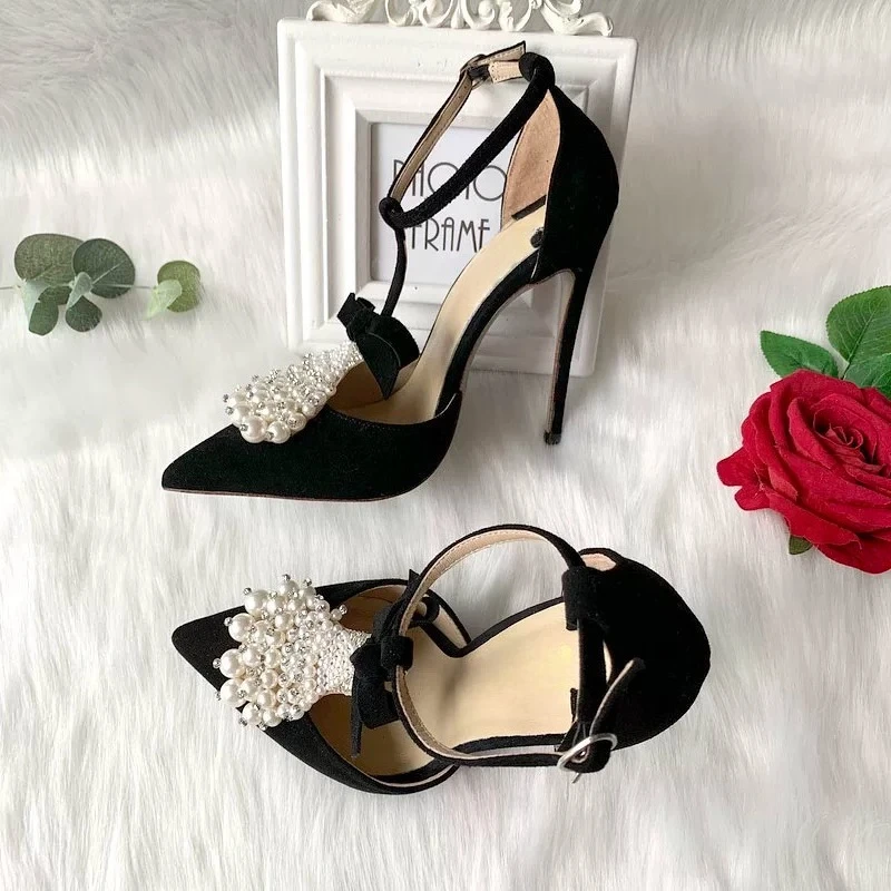Temperament Velvet Matte Leather Pointed T with Bow Fan-shaped Pearl Buckle Hollow High-heeled Women's Shoes
