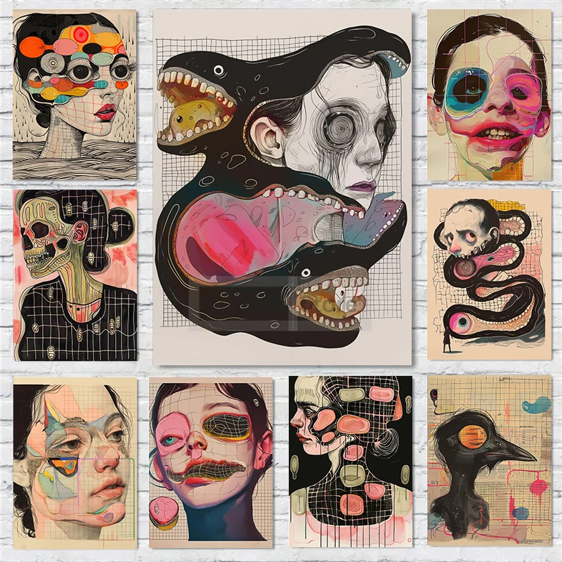 Painting Wall Art Pictures Home Room Decor Grid Addiction Patient Portrait Poster Abstract Mental Illness Surreal Prints Canvas