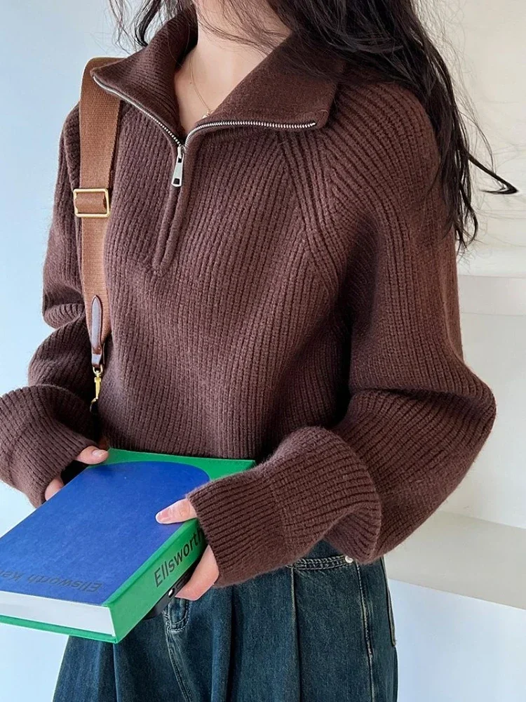 Blusas de malha feminina sólido vermelho solto engrossado quente gola alta com zíper camisola outono turndown colarinho curto pulôver feminino