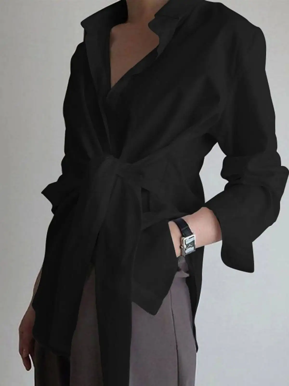 

Loose Women's Long Sve irt with Strap Street Sle Polyester Material Regular Sve Length Collared Pure Color Spring S...