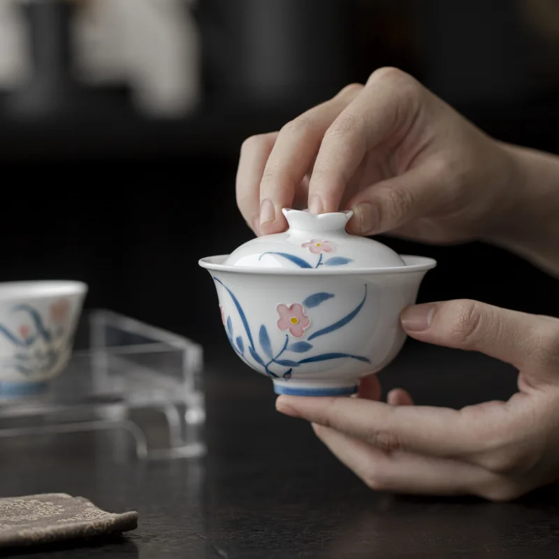 Underglaze Color Pure Hand Drawing Stacking Small Flower Two Tureen Ceramic Tea Set Single Household 100ml Brewing Bowl Rock