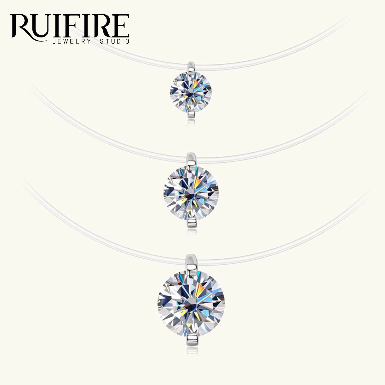 

RUIFIRE D VVS1 Round Moissanite Pendant Necklace S925 Sterling Silver Transparent Fishing Line Chain Choker Fine Jewelry GRA