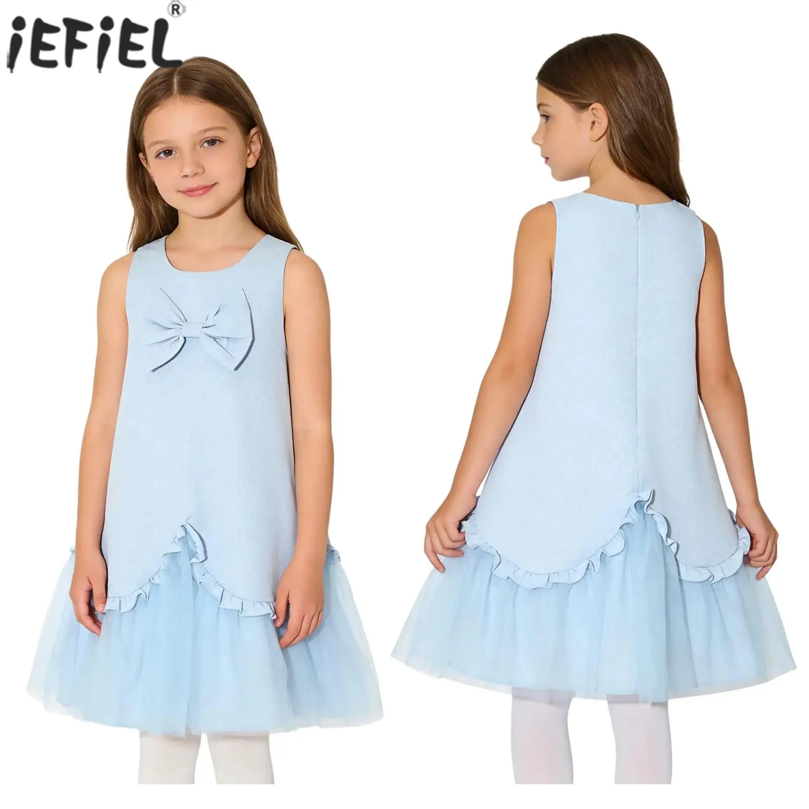 

Kid Flower Girls Cute Bow Ruffle Tulle Princess Dress Sleeveless Elegant Floral Dresses Birthday Party Wedding Banquet Tutu Gown