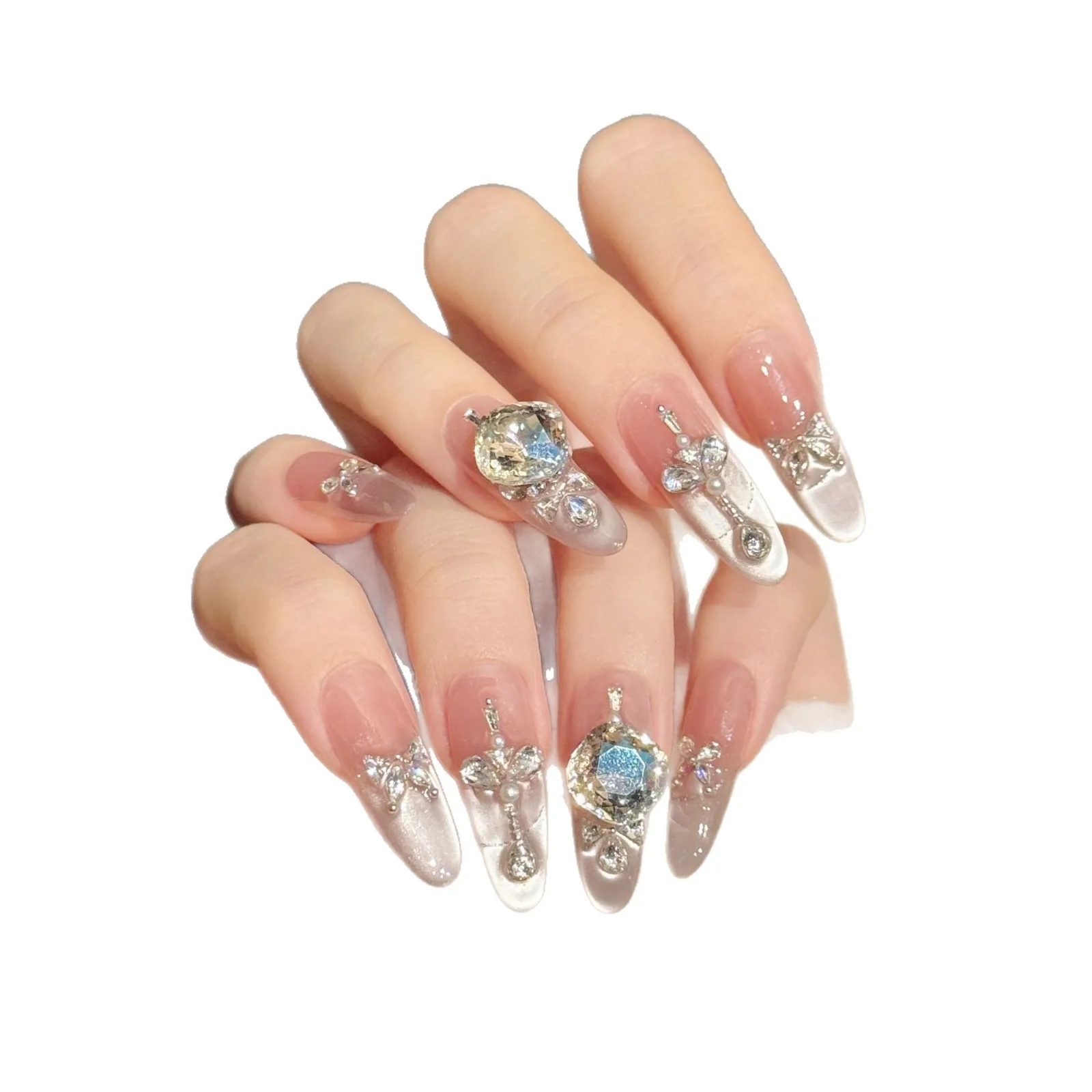10pcs Handmade Long Oval Press On Nails Shiny French Style Cat Eye Rhinestone Design Fake Nails Wearable Nails Art Tip Girls