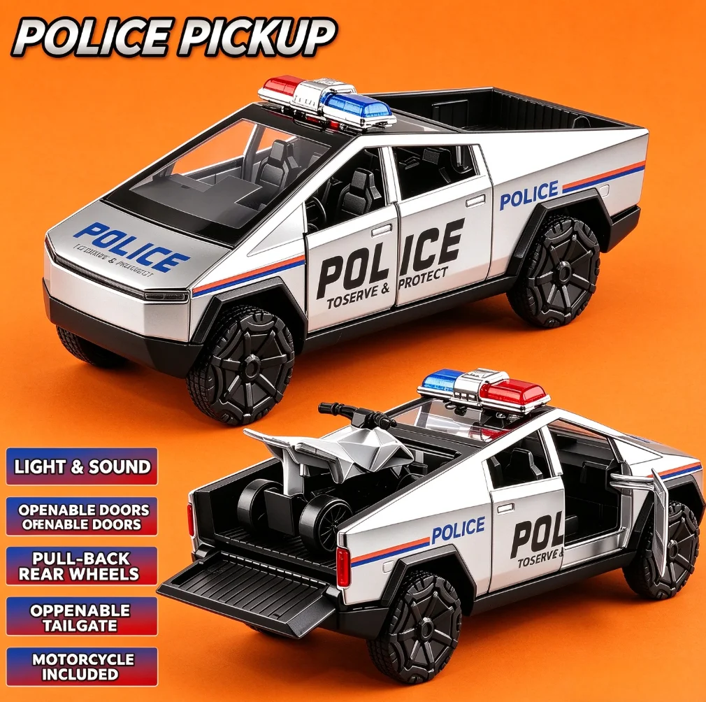 1/36 Future Style Pickup Police Car Alloy Model Set Pull Back Openable Doors Mini All-Terrain Vehicle Car Ornament Birthday Gift