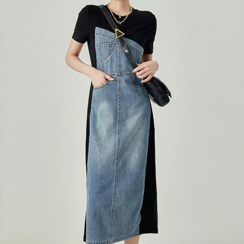 

Denim Dress Women Long Dresses Round Neck Short Sleeve Vestidos Casual Elegant Splice Y2k Streetwear Work Party Night 2025