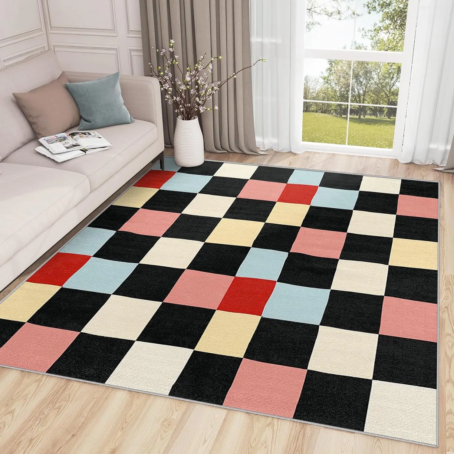 

Checkered Colored checkered carpet anti slip Multicolor Plaid Area RugRetro Colorful Patchwork Geometric Modern Carpet HomeDecor