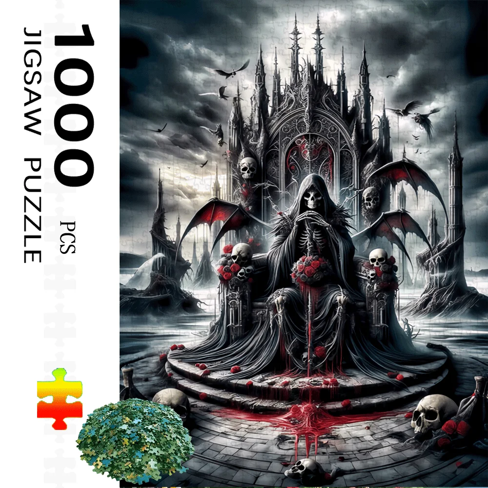 

A 1000pcs Puzzle Featuring a Gothic Castle And Death Theme, Showcasing a Ghost Skull Throne, Bats, And Red Roses. Perfect for