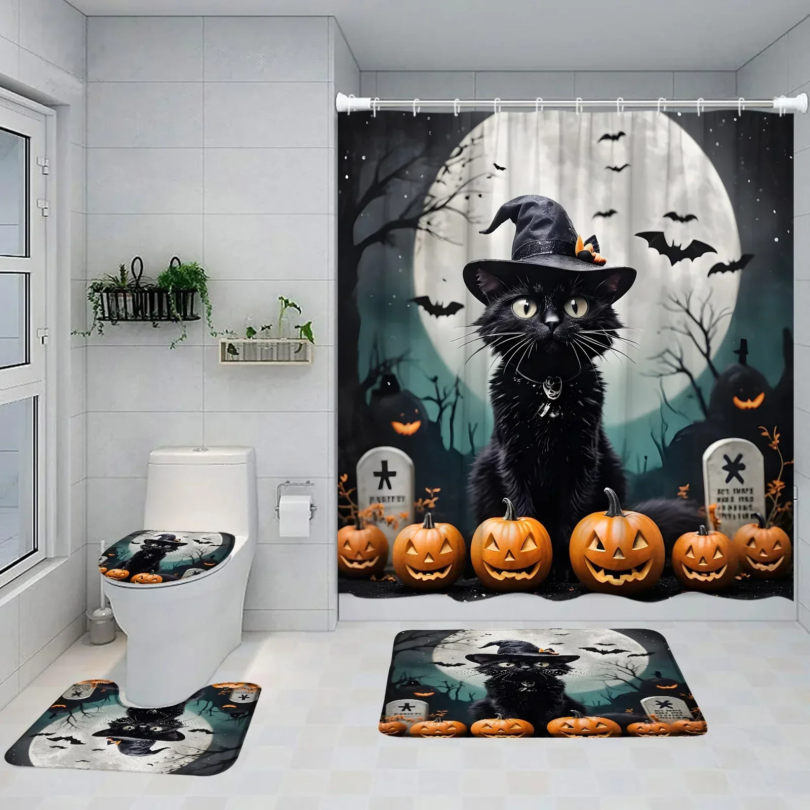 Happy Halloween Shower Curtain Set Black Cat Pumpkin Lantern Full Moon Horror Night Witch Bath Curtain Home Mat Toilet Lid Cover