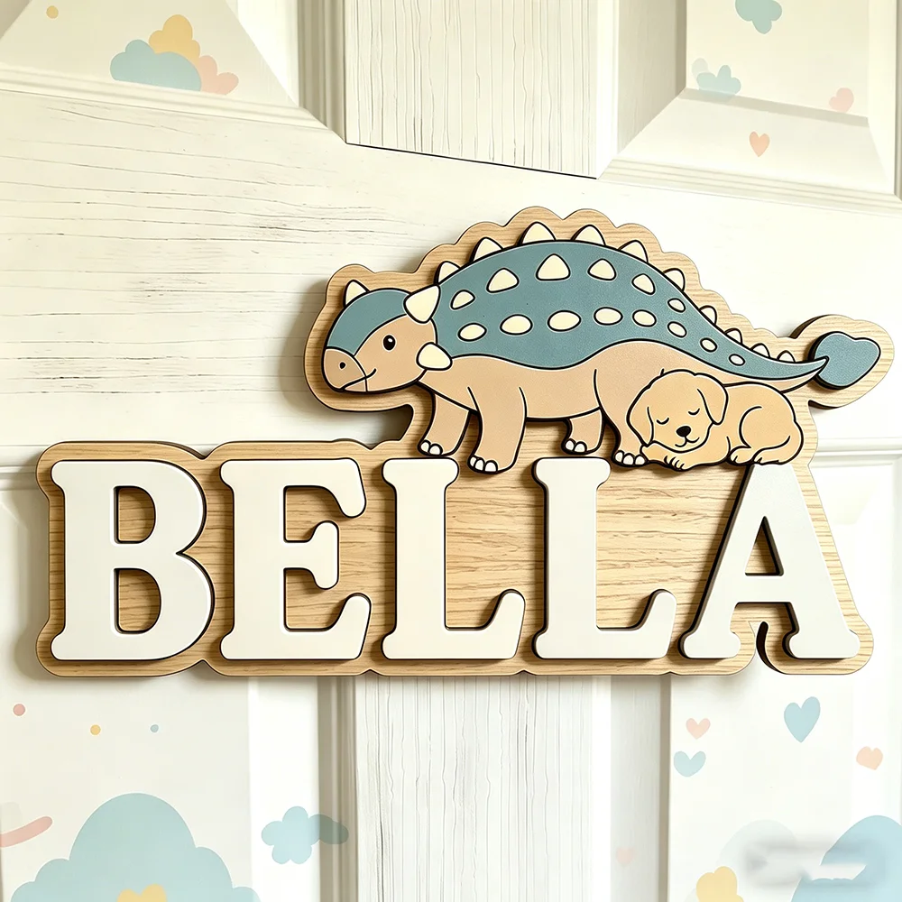 Custom Ankylosaurus & Puppy Kids Name Sign for The Dearest Baby, Neutral Pastel Nursery Wooden Door Plaque