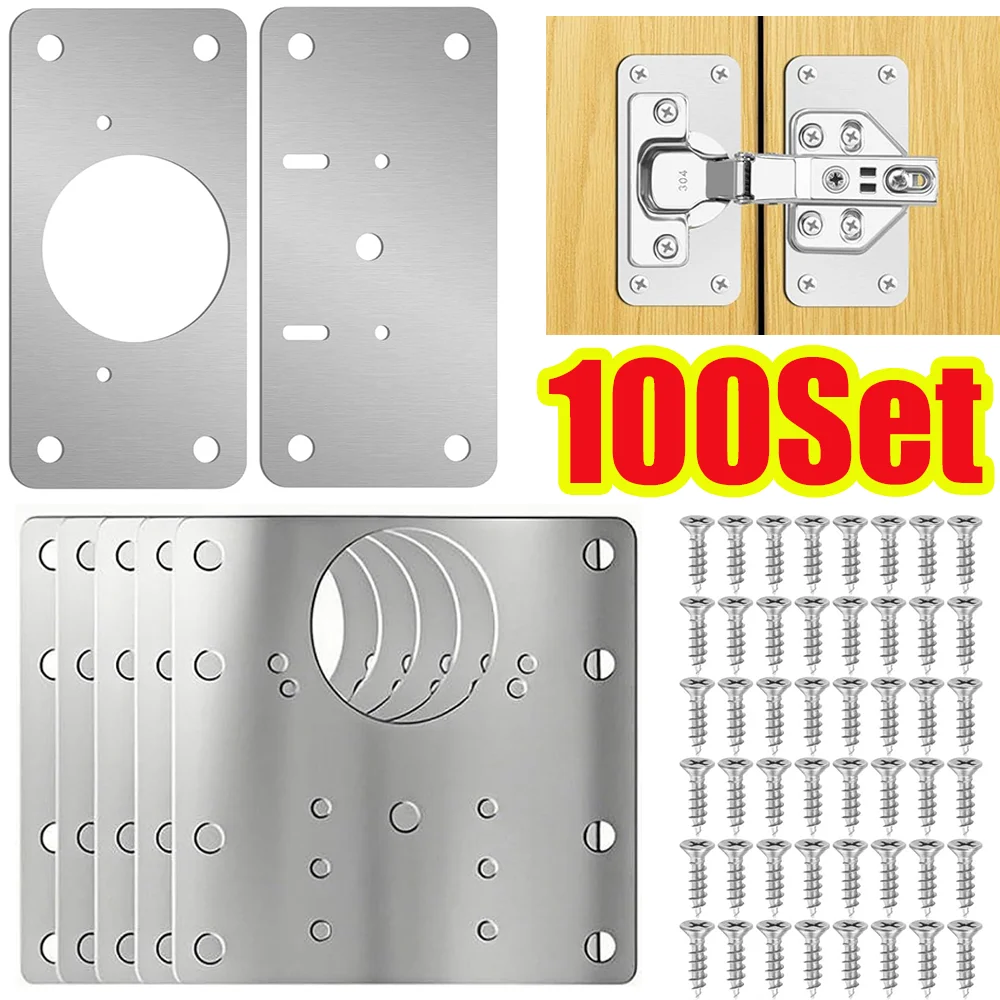 2-100Set Cabinet Hinge Repair Plate Kit Stainless Steel Hinge Fixing Plate Bracket with Mounting Screw for Kitchen Furniture