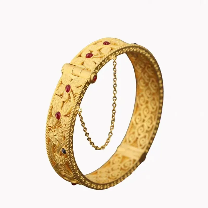 Pulsera de Orquídea de cymbidio de esmalte de marea nacional de oro amarillo de 24K real 9999 para mujer, brazalete a presión de estilo Retro de corte, hueco