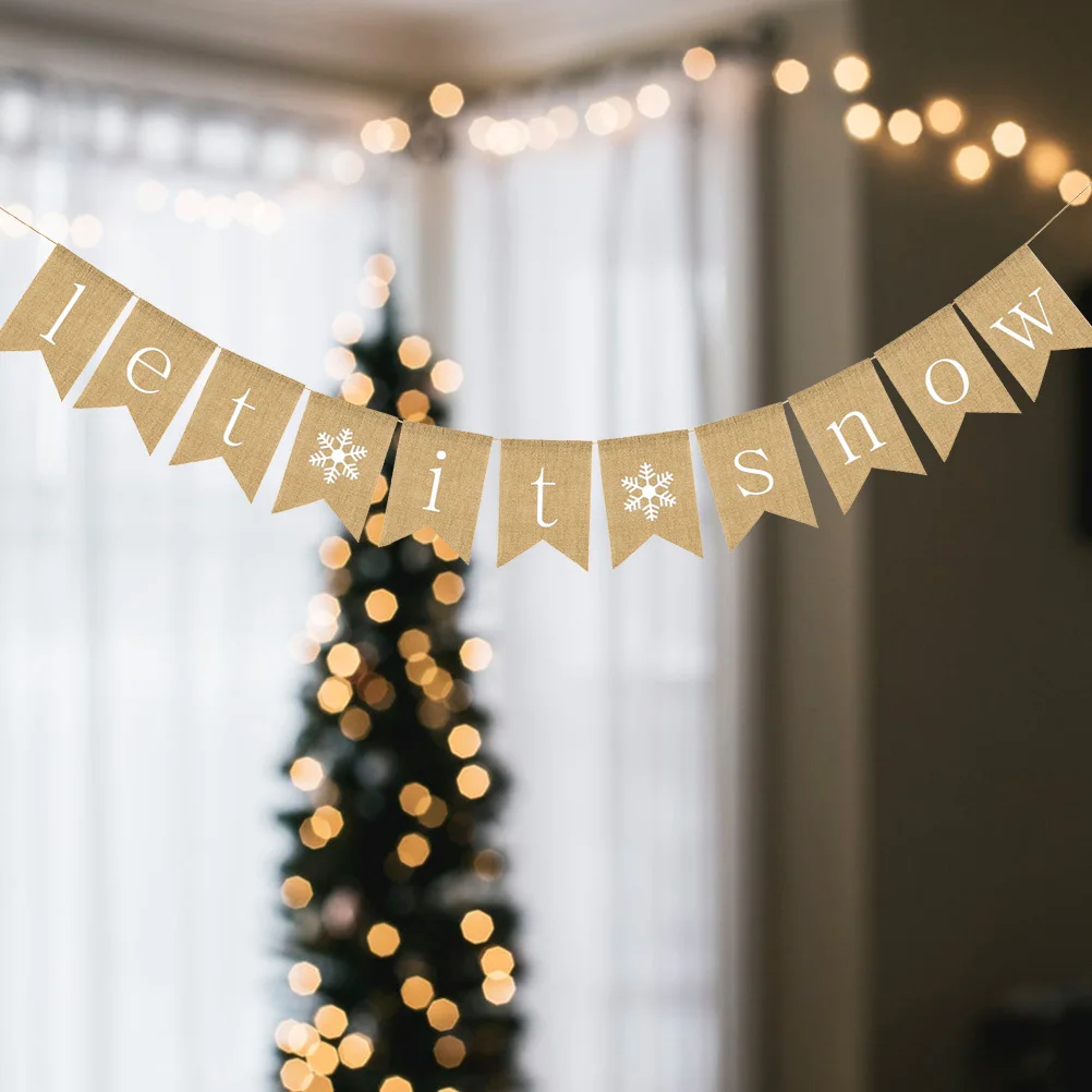 

Linen Burlap Let It Snow Banner Christmas Bunting Decoration Swallowtail Pull Flag Party Wall Window Door Hanging Snowflakes