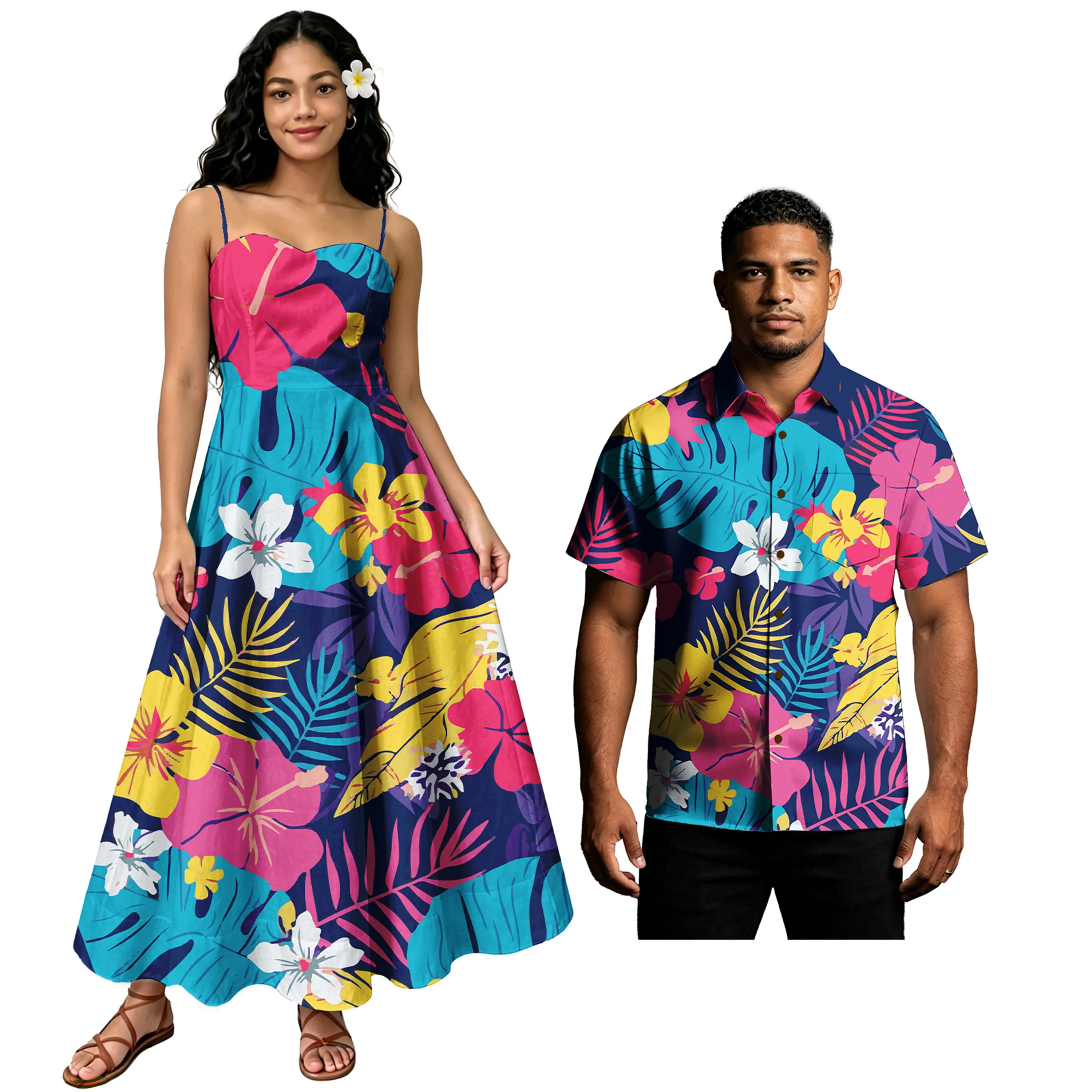Formal Match Outfits for Couple Hawaii Hibiscus Classy Elegant Women Long Dresses Short Sleeve Prom Men Aloha Shirts Couple Set