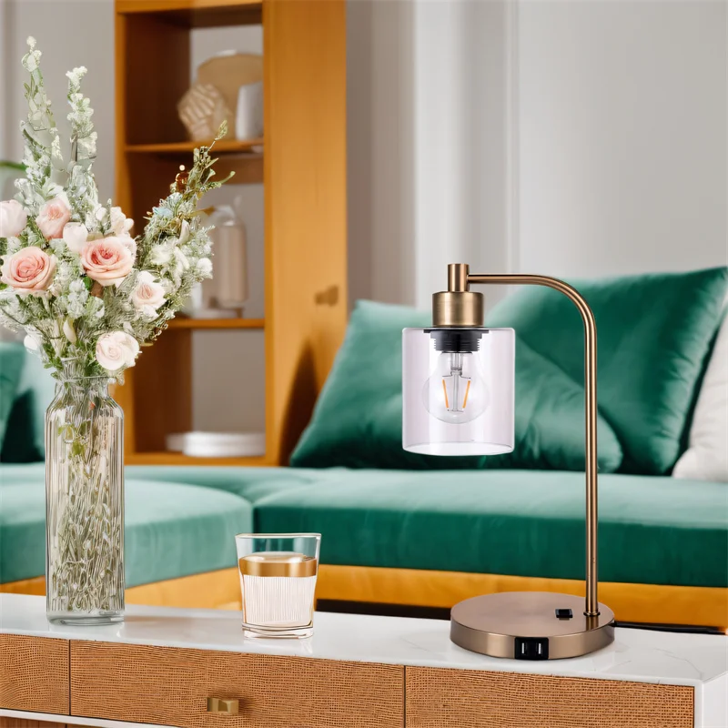 

Luxury Golden USB Mobile Charging Beside Light LED Lamp Desktop Home Bedroom American Glass Industrial Table Lamp AC110-240V