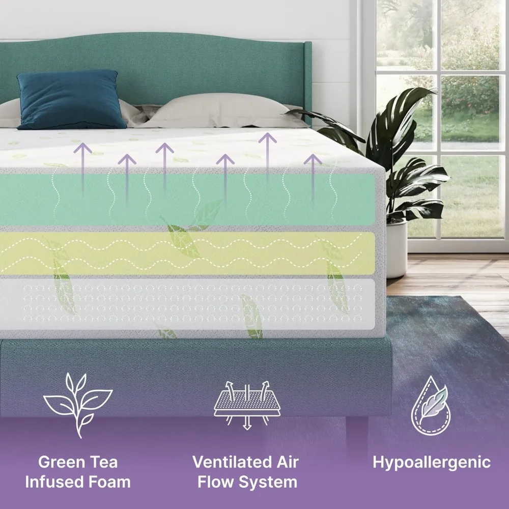 Matras, Anula Green Tea Infused Memory Foam Matras, Twin Size Matras Bed in a Box, CertiPUR-US Gecertificeerde Matras