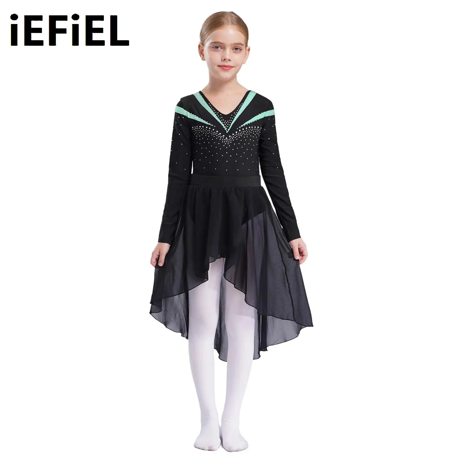 

Kids Girls Practice Sets V Neck Contrast Color Leotard with Elastic Waistband Skirt And Hair Tie Headband for Dancing