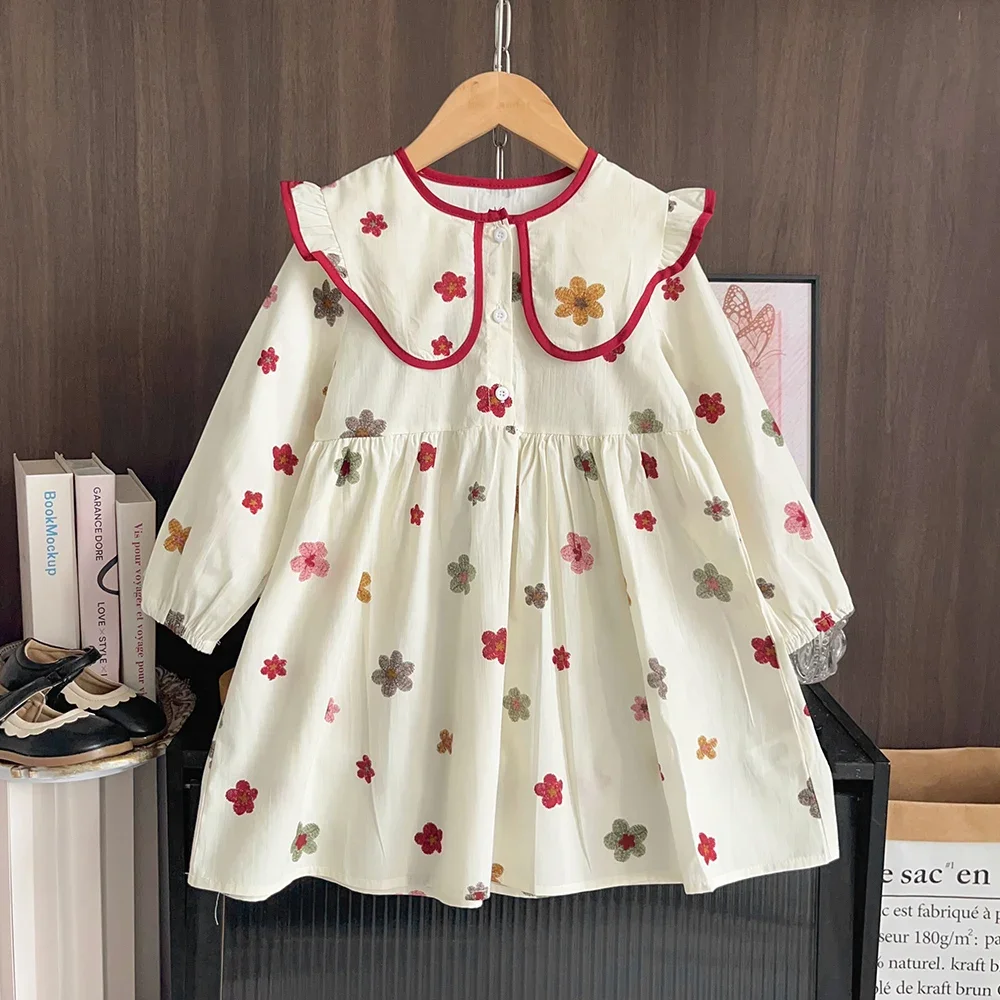 Autumn Korean Cute Children's Clothing 2-6 Year Old Girl Collar Long Sleeve Flower Printed Dress with Countryside Style