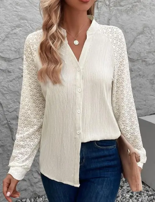 Elegant Sexy Blouses Shirt Lace-Spliced Top 2025 Autumn Women's Clothing Texture Long-Sleeved Stand Collar Cardigan Shirt
