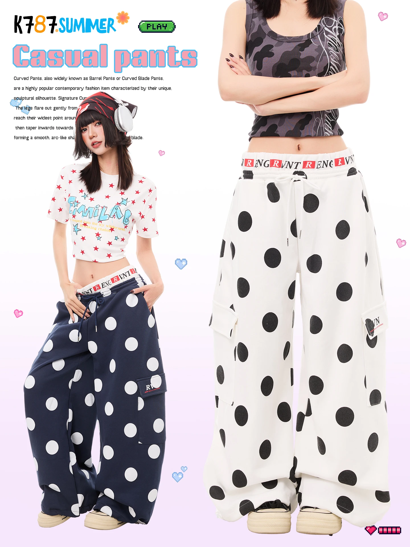 

K787 American Retro Polka Dot High Waist Wide Leg Pants Casual Street Dance Sports Loose Elastic Waist Floor Length Knife Pants