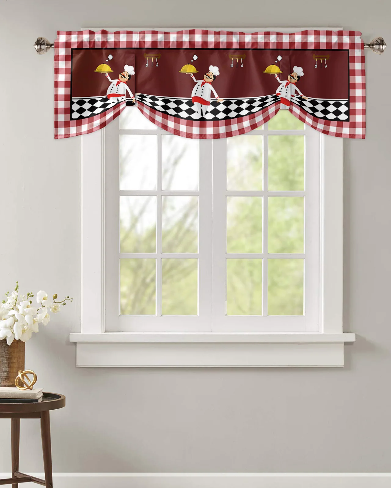 Red Plaid Chef Knife And Fork Window Valance Curtain Kitchen Cafe Short Curtains Living Room Tie-Up Valance Curtain