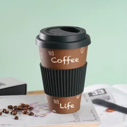 Bamboo Fiber Coffee Cup with Silicone Lid, Biodegradable Breakfast Milk Sticker Cups, Couple Cup, Birthday Gift Kawaii Cup